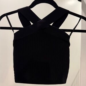 Babaton Black Scult Knit Criss Cross Cropped Tank